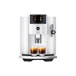JURA E8 Piano White de face avec deux cafés