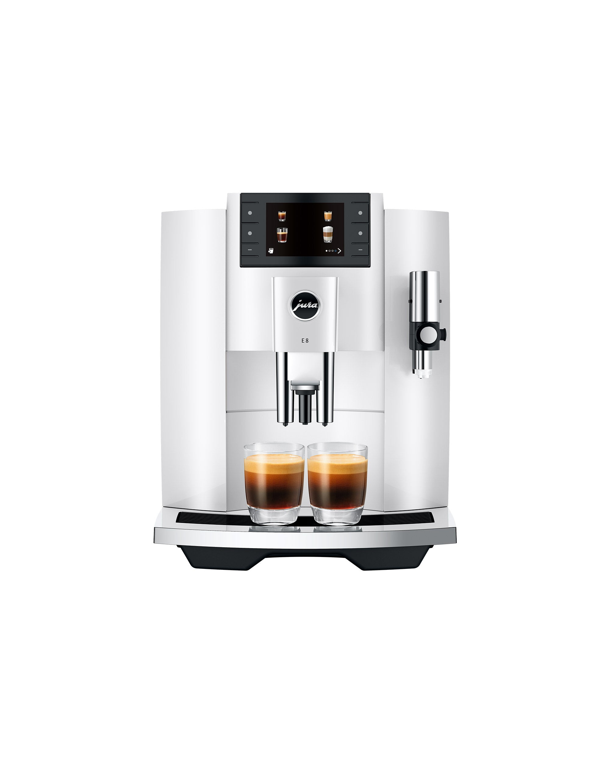 JURA E8 Piano White de face avec deux cafés