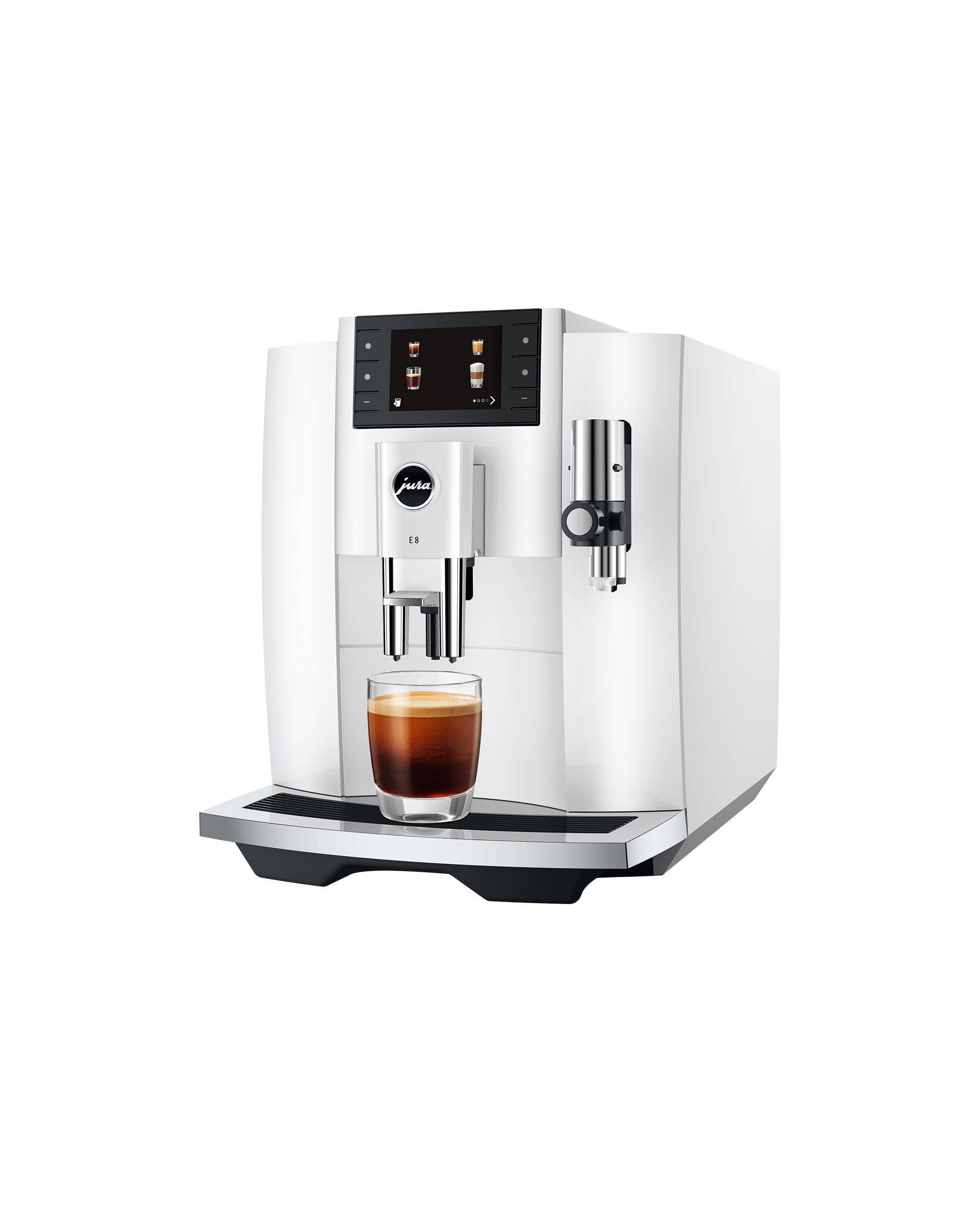JURA E8 Piano White en vue trois quarts avec café