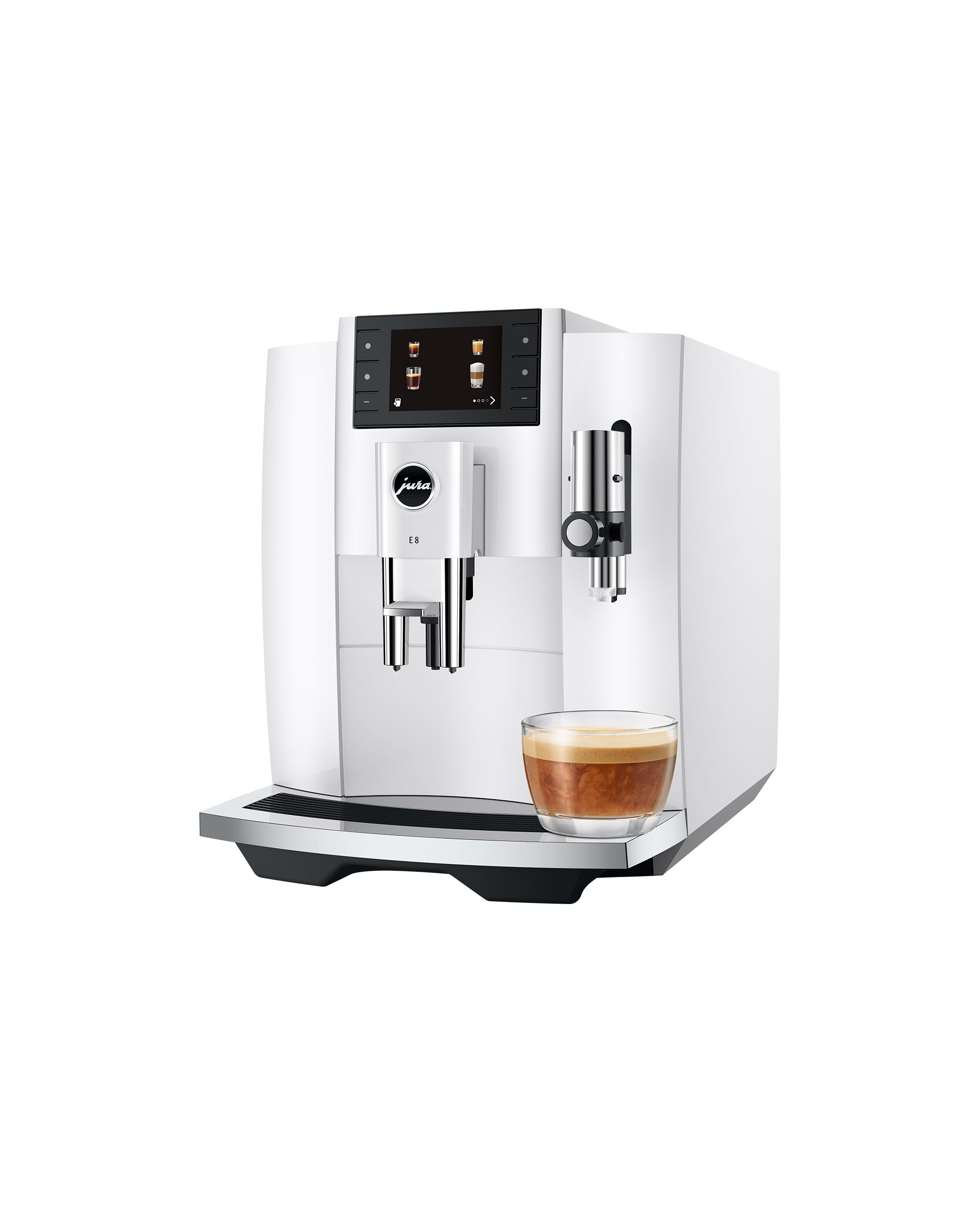 JURA E8 Piano White en vue trois quarts avec café au lait