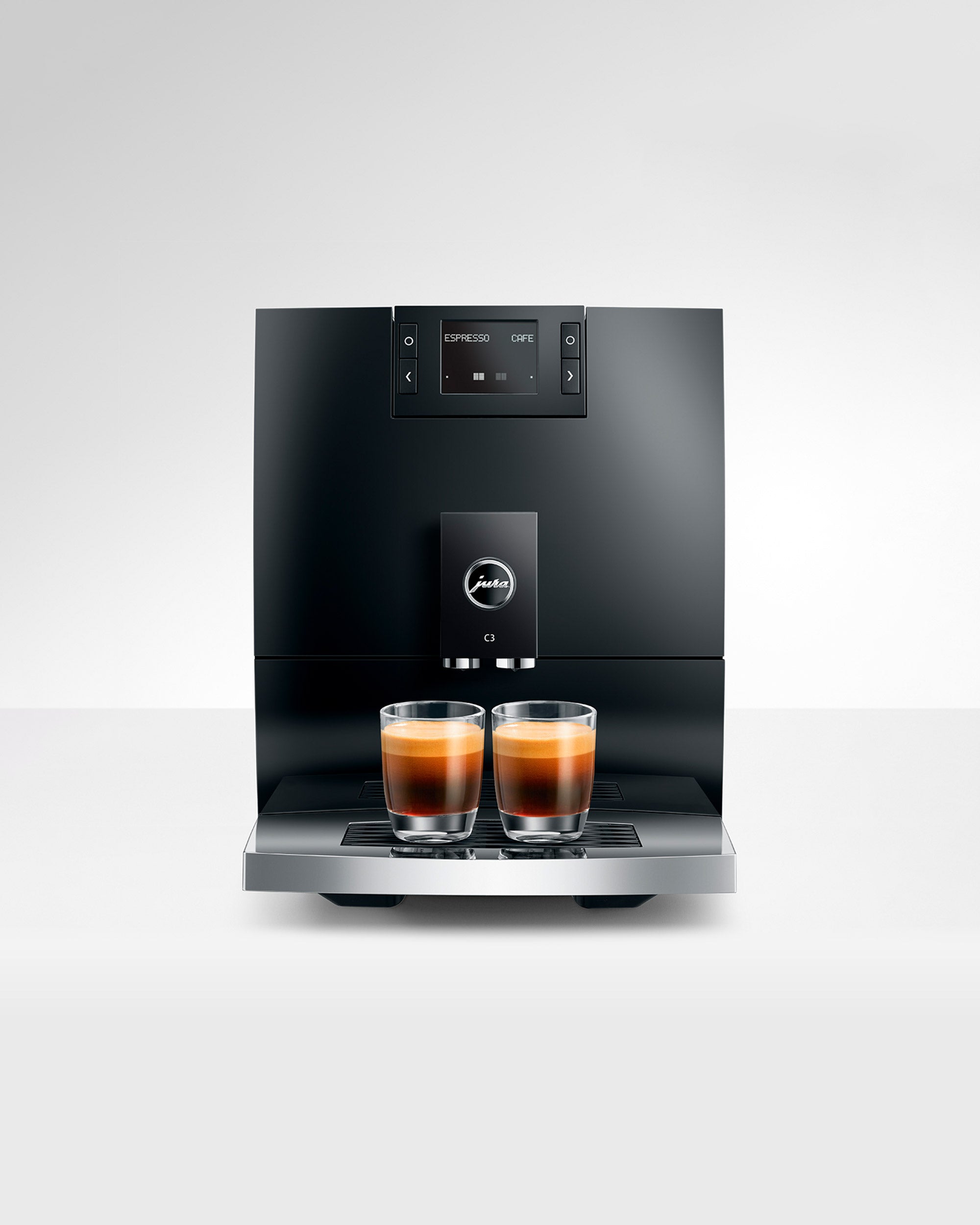 JURA C3 Piano Black de face avec deux cafés