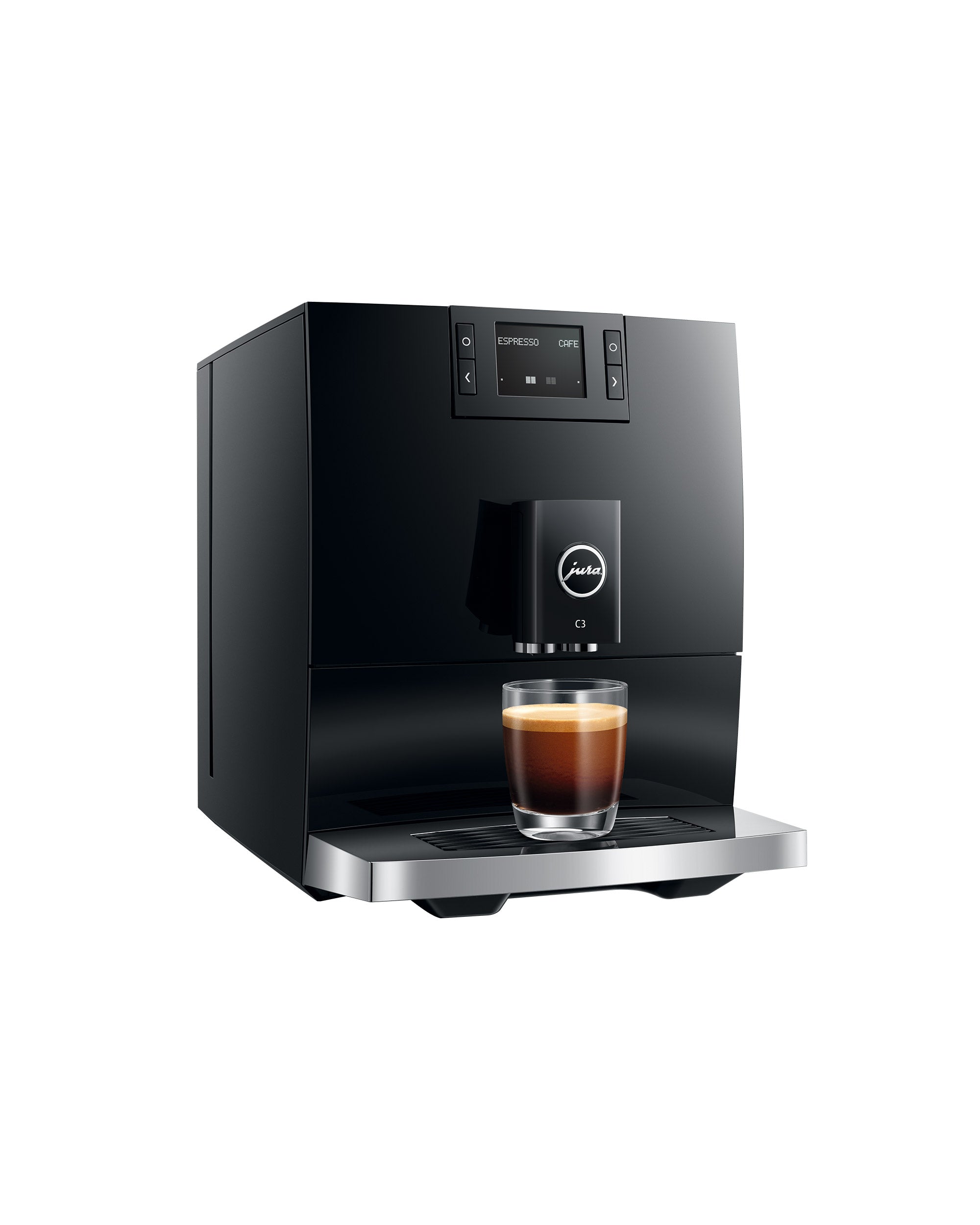 JURA C3 Piano Black en vue trois quarts avec café