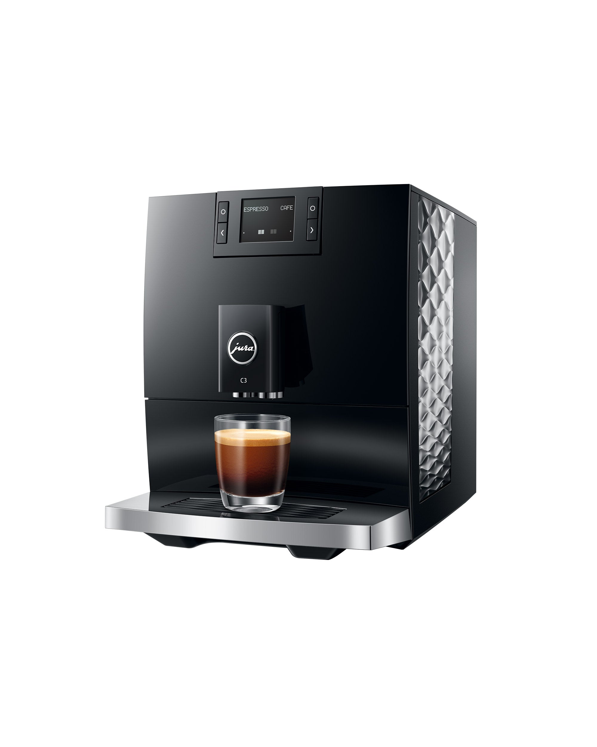 JURA C3 Piano Black vue du côté droit avec café