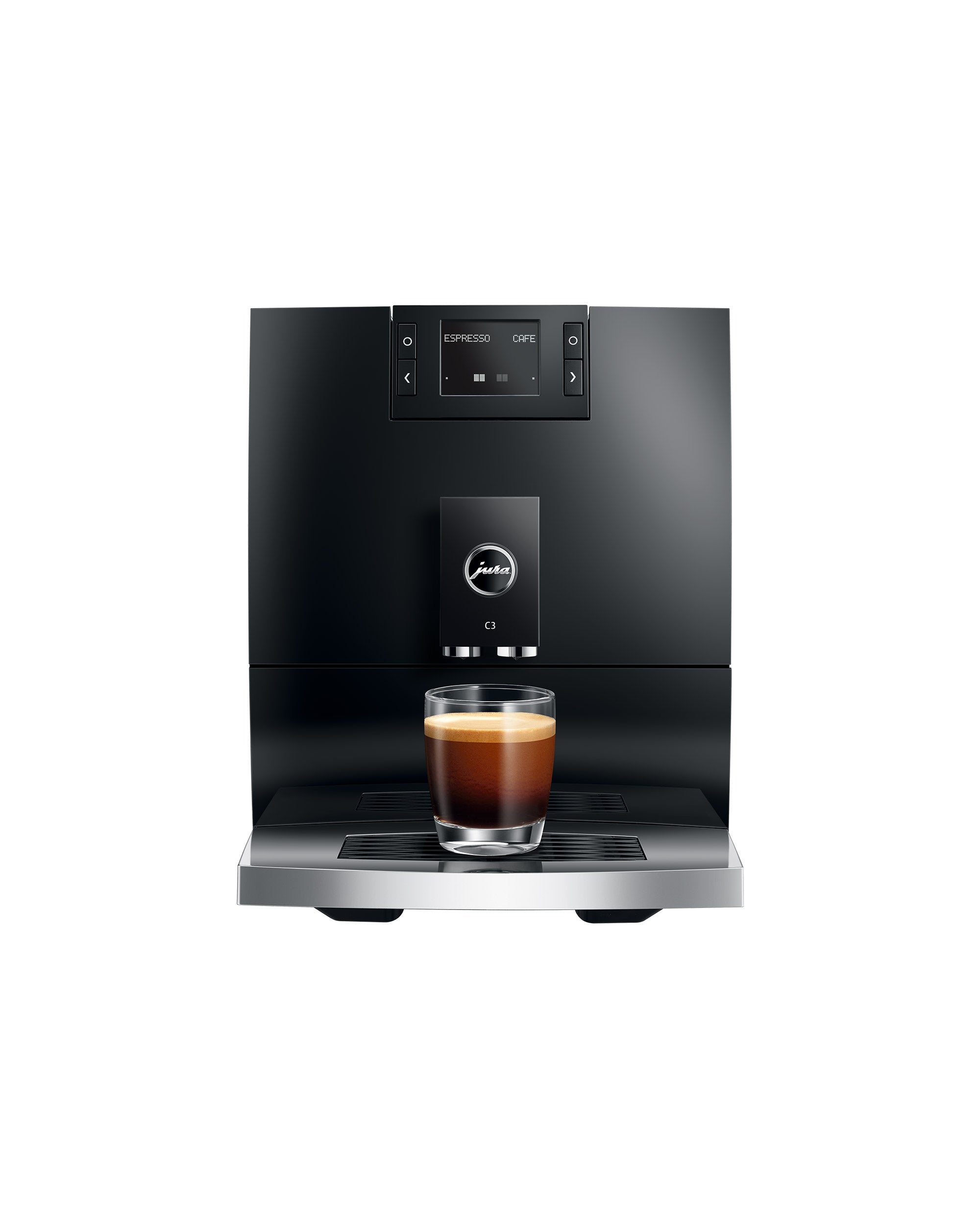 JURA C3 Piano Black de face avec café