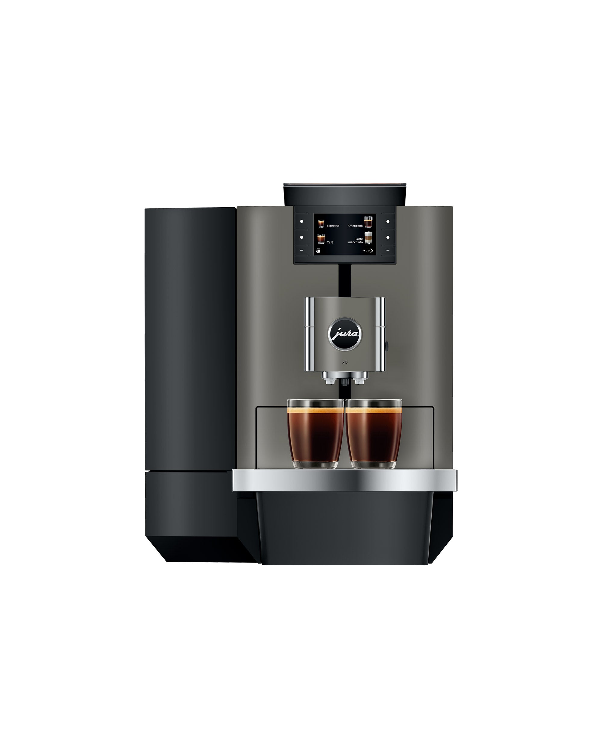 JURA X10 Dark Inox préparant deux cafés