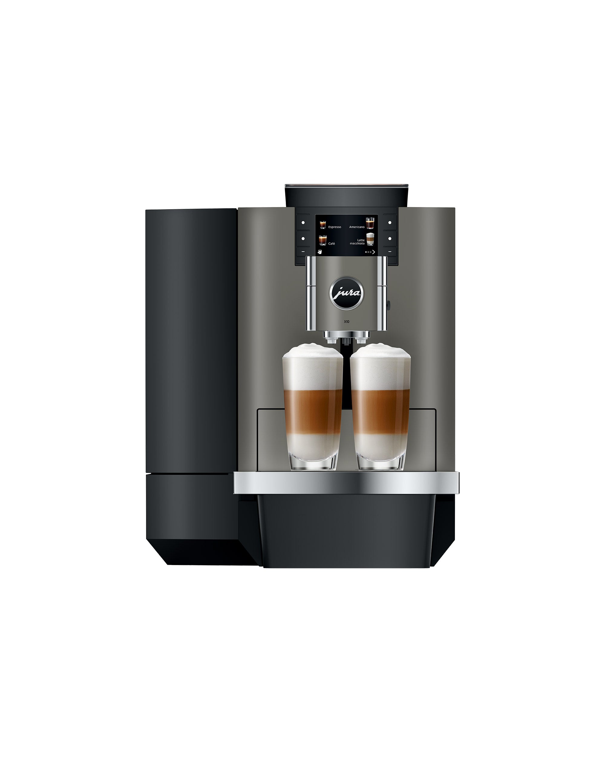 JURA X10 Dark Inox préparant deux boissons lactées